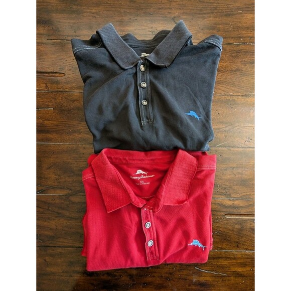 Set of 2 Tommy Bahama Men XXL Polo Shirts Cotton Blend Dark Blue Red Golf Marlin - Picture 1 of 15